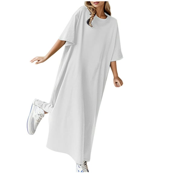 qucoqpe Womens Summer Casual Loose T-shirts Dress Crew Neck Short Sleeve Solid Color Midi Dress Fashion Holiday Beach Dress