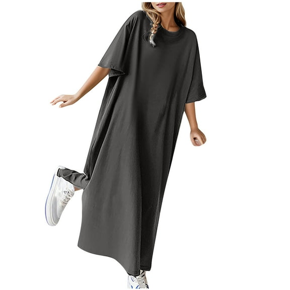 qucoqpe Womens Summer Casual Loose T-shirts Dress Crew Neck Short Sleeve Solid Color Midi Dress Fashion Holiday Beach Dress