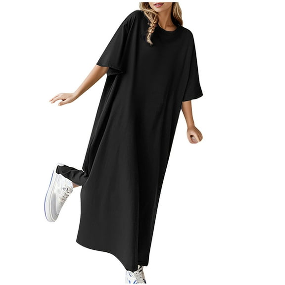 qucoqpe Womens Summer Casual Loose T-shirts Dress Crew Neck Short Sleeve Solid Color Midi Dress Fashion Holiday Beach Dress
