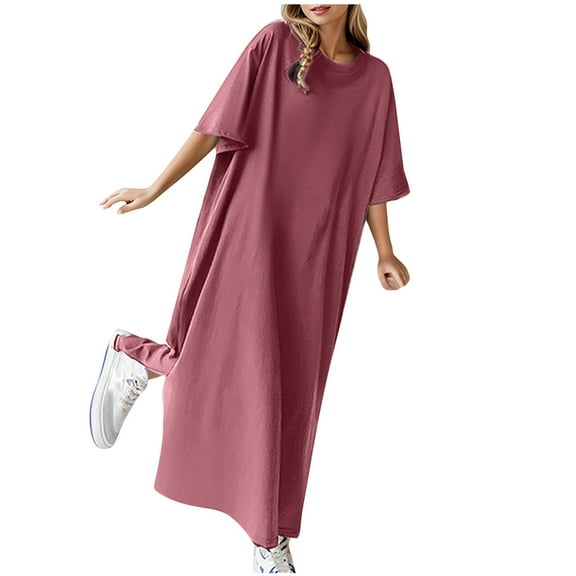 qucoqpe Womens Summer Casual Loose T-shirts Dress Crew Neck Short Sleeve Solid Color Midi Dress Fashion Holiday Beach Dress