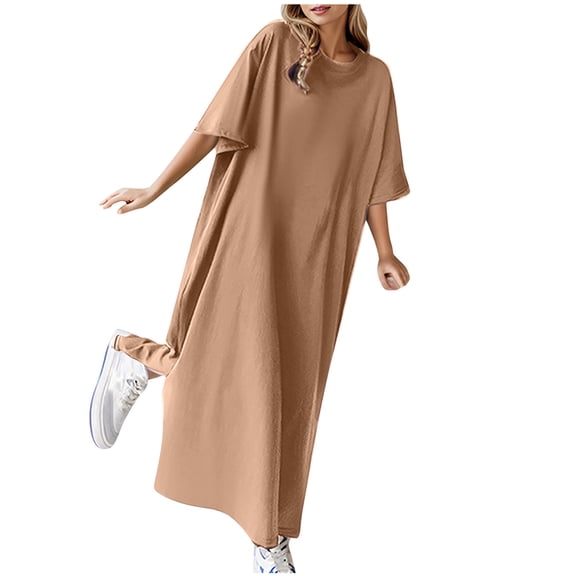 qucoqpe Womens Summer Casual Loose T-shirts Dress Crew Neck Short Sleeve Solid Color Midi Dress Fashion Holiday Beach Dress