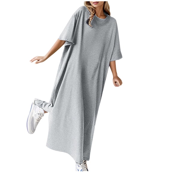 qucoqpe Womens Summer Casual Loose T-shirts Dress Crew Neck Short Sleeve Solid Color Midi Dress Fashion Holiday Beach Dress