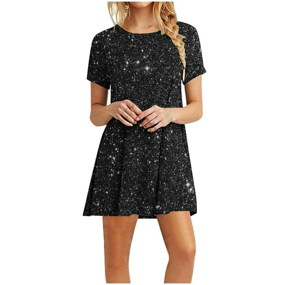 qucoqpe Womens Summer Casual T-shirts Dress Crew Neck Short Sleeve Pleated Flowy Sparkly Mini Dress Hawaiian Beach Sun Dress