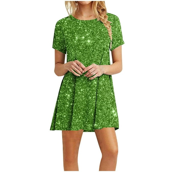 qucoqpe Womens Summer Casual T-shirts Dress Crew Neck Short Sleeve Pleated Flowy Sparkly Mini Dress Hawaiian Beach Sun Dress