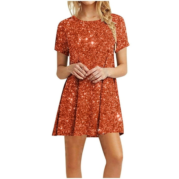 qucoqpe Womens Summer Casual T-shirts Dress Crew Neck Short Sleeve Pleated Flowy Sparkly Mini Dress Hawaiian Beach Sun Dress