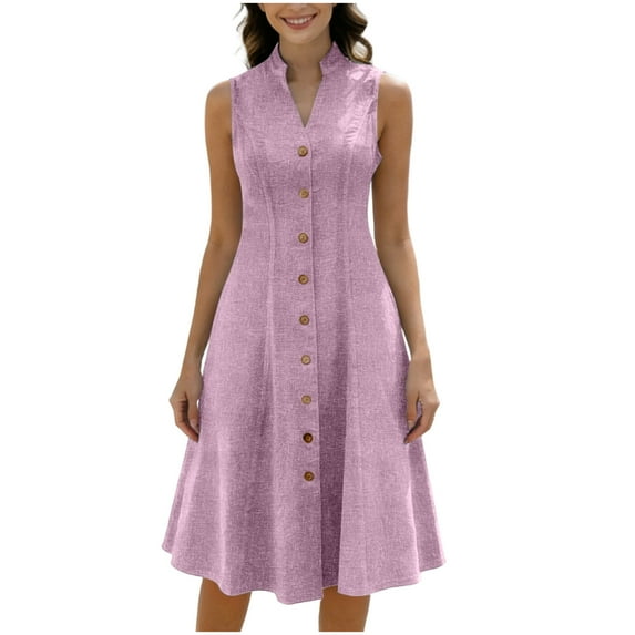 qucoqpe Womens Summer Cotton Dresses Trendy Casual V Neck Sleeveless Button Down Solid Linen Midi Dress