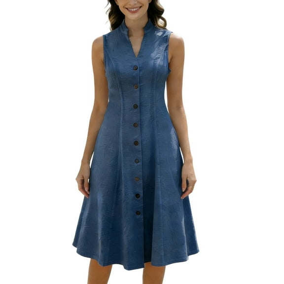 qucoqpe Womens Summer Cotton Dresses Trendy Casual V Neck Sleeveless Button Down Solid Linen Midi Dress