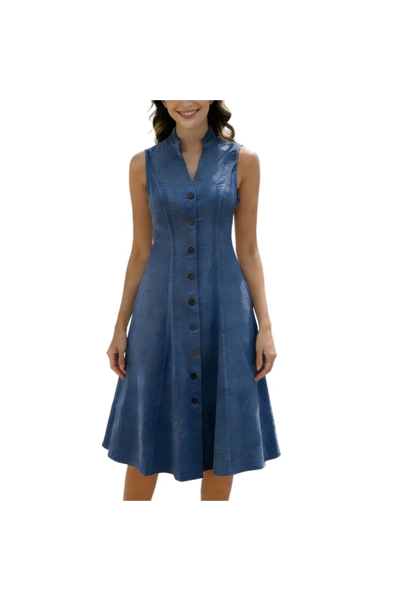 Womens Summer Cotton Dresses Trendy Casual V Neck Sleeveless Button Down Solid Linen Midi Dress
