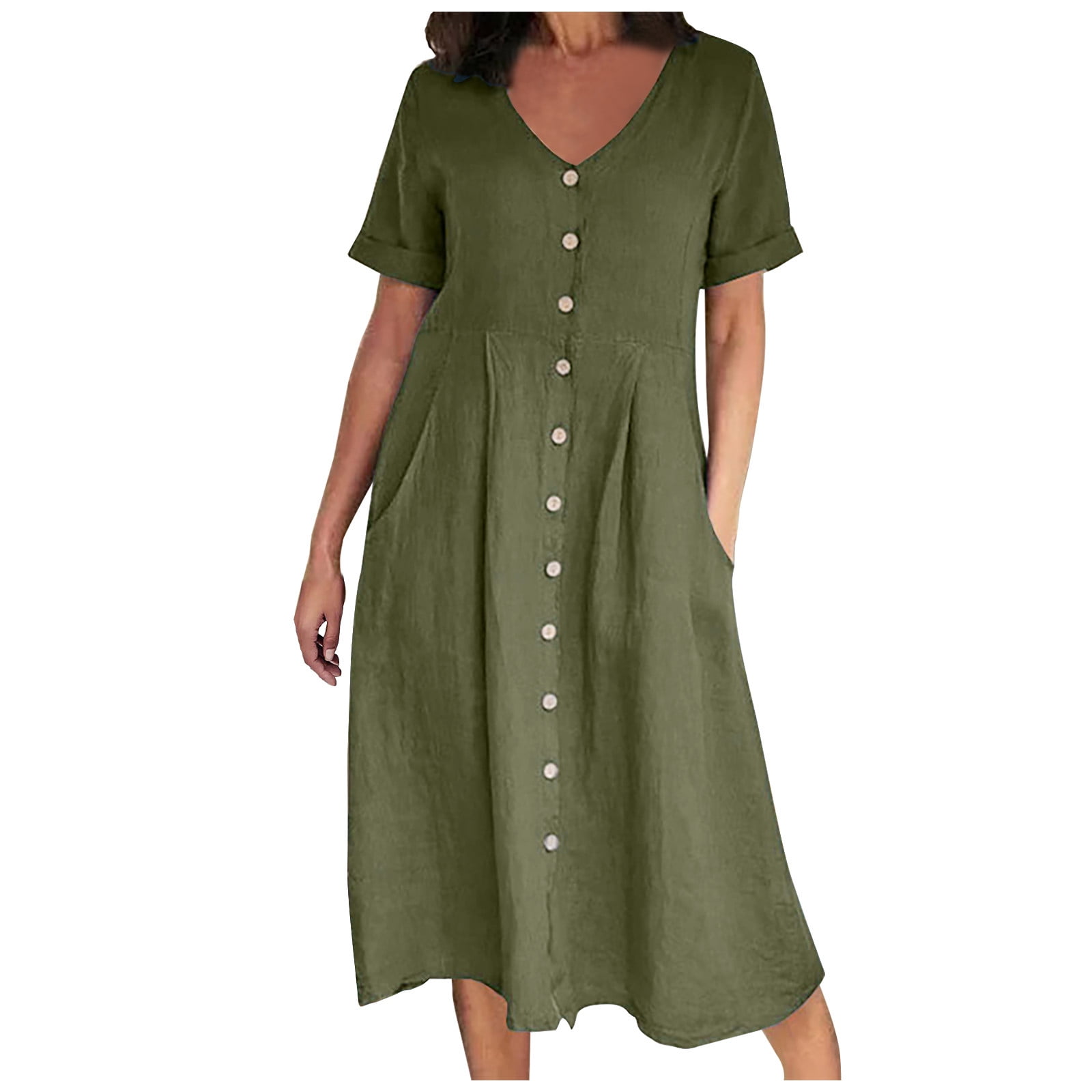 Dvprdro Womens Summer Cotton Linen Beach Dress Fashion Casual V Neck ...