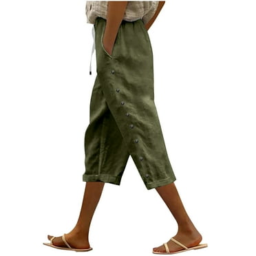 qucoqpe Womens Summer Cotton Linen Capri Pants Casual Loose Trousers Elastic Waist Drawstring Side Button Work Beach Pants with Pockets
