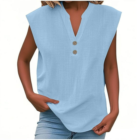 qucoqpe Womens Summer Cotton Linen Shirts Button V Neck Sleeveless Shirts Casual Loose Vintage Print Tank Tops Blouse