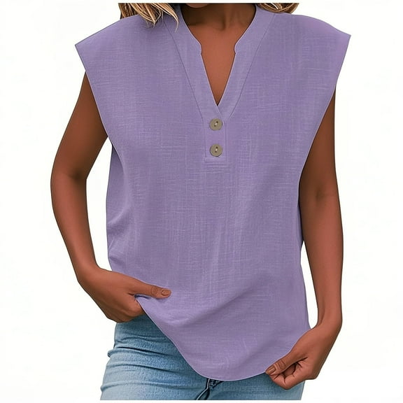 qucoqpe Womens Summer Cotton Linen Shirts Button V Neck Sleeveless Shirts Casual Loose Vintage Print Tank Tops Blouse
