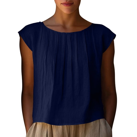 qucoqpe Womens Summer Crop Tops Fashion Casual Solid Color Short Sleeve Pleated Crew Neck Shirts Lightweight Loose Fit Blouses