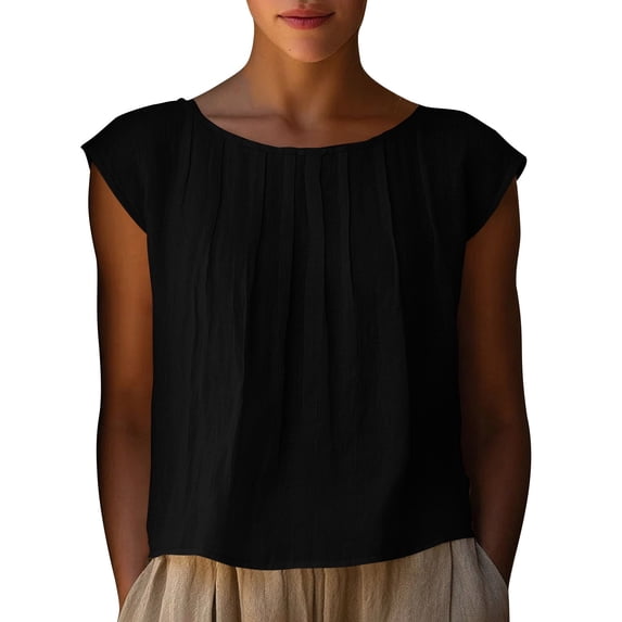 qucoqpe Womens Summer Crop Tops Fashion Casual Solid Color Short Sleeve Pleated Crew Neck Shirts Lightweight Loose Fit Blouses