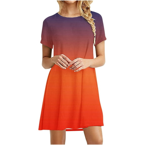 qucoqpe Womens Summer Dress 2024 Ruffle Short Sleeve Casual Beach Mini T-shirt Dress Round Neck Loose Sundress on Clearance