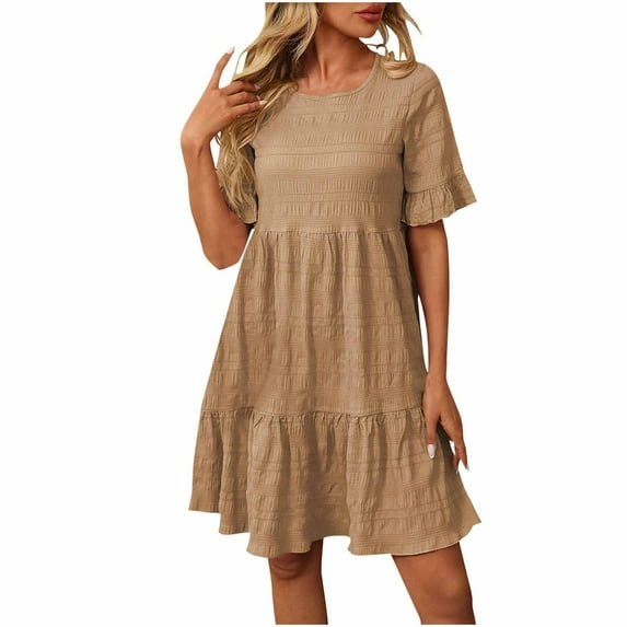 qucoqpe Womens Summer Dress 2025 Casual Crew Neck Ruffle Short Sleeve Sun Dress Hawaiian Beach Tiered Flowy Midi Dress