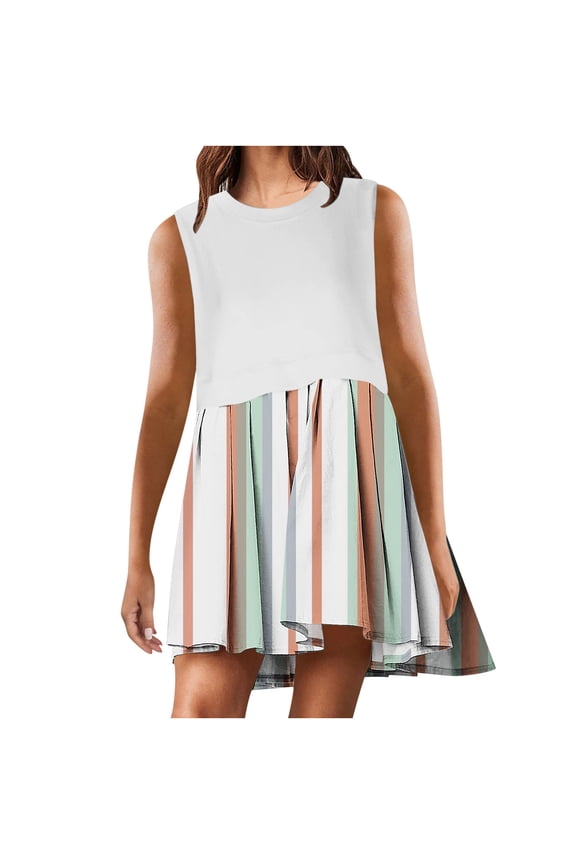 Womens Summer Dress Fashion Casual Crew Neck Sleeveless Boho Dress Patchwork Pleated A Line Beach Mini Dress