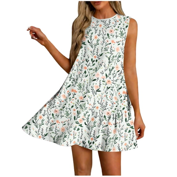 qucoqpe Womens Summer Dress Fashion Casual Floral Printed Sleeveless Round Neck Mini Dress Loose Flowy Pleated Hem Sundress