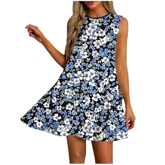 qucoqpe Womens Summer Dress Fashion Casual Floral Printed Sleeveless Round Neck Mini Dress Loose Flowy Pleated Hem Sundress