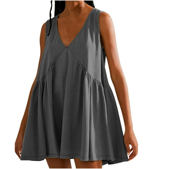 qucoqpe Womens Summer Dress Fashion Casual Solid Color Printing Sleeveeless V-Neck Pleated Tiered Ruffle Hem Flowy Loose Mini Dress