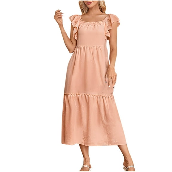 qucoqpe Womens Summer Dress Square Neck Sleeveless Casual Loose Sundress Tiered Ruffle Flowy Beach Long Dress