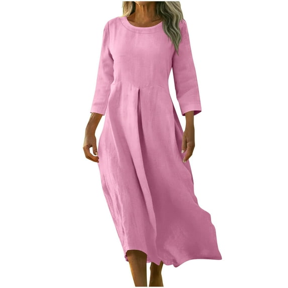 qucoqpe Womens Cotton Linen Maxi Dress Summer Fashion Crew Neck 3/4 Sleeve Flowy Pleated Boho Long Dresses
