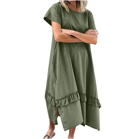 qucoqpe Womens Summer Long Maxi Dress Crew Neck Short Sleeve Ruffle Hem Slit T-shirt Dress Casual Loose Sun Dress with Pockets