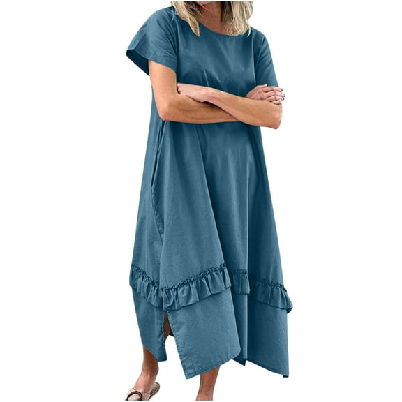 qucoqpe Womens Summer Long Maxi Dress Crew Neck Short Sleeve Ruffle Hem Slit T-shirt Dress Casual Loose Sun Dress with Pockets