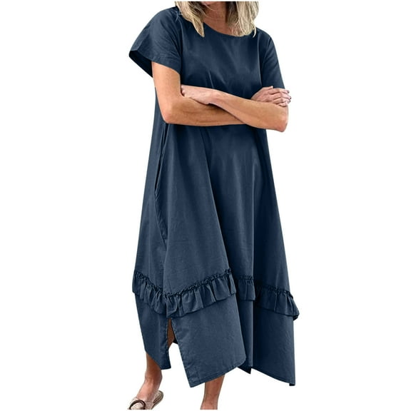 qucoqpe Womens Summer Long Maxi Dress Crew Neck Short Sleeve Ruffle Hem Slit T-shirt Dress Casual Loose Sun Dress with Pockets