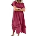 thumbnail image 1 of qucoqpe Womens Summer Long Maxi Dress Crew Neck Short Sleeve Ruffle Hem Slit T-shirt Dress Casual Loose Sun Dress with Pockets, 1 of 6