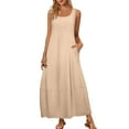 thumbnail image 1 of qucoqpe Womens Summer Long Maxi Dress Crew Neck Sleeveless Pleated Flowy Sundress Casual Loose Solid Color Beach Tank Dress with Pockets, 1 of 8