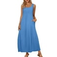 thumbnail image 1 of qucoqpe Womens Summer Long Maxi Dress Crew Neck Sleeveless Pleated Flowy Sundress Casual Loose Solid Color Beach Tank Dress with Pockets, 1 of 8