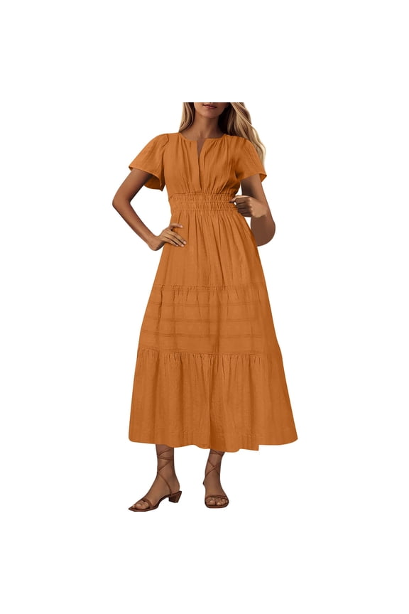 Womens Summer Long Maxi Dress V Neck Short Sleeve Elastic Waist Tiered Ruffle Sun Dress Casual Loose Beach Boho Dress with Pockets