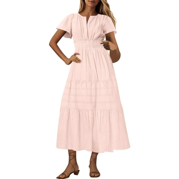 qucoqpe Womens Summer Long Maxi Dress V Neck Short Sleeve Elastic Waist Tiered Ruffle Sun Dress Casual Loose Beach Boho Dress with Pockets