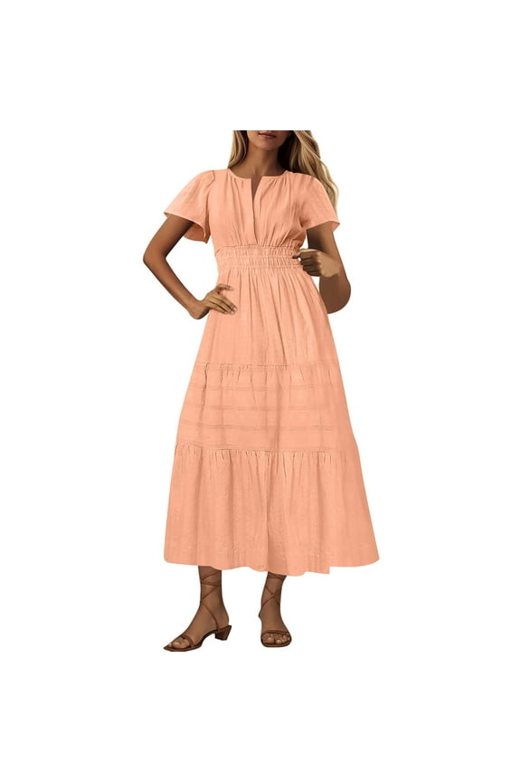 Womens Summer Long Maxi Dress V Neck Short Sleeve Elastic Waist Tiered Ruffle Sun Dress Casual Loose Beach Boho Dress with Pockets