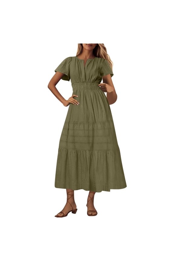 Womens Summer Long Maxi Dress V Neck Short Sleeve Elastic Waist Tiered Ruffle Sun Dress Casual Loose Beach Boho Dress with Pockets