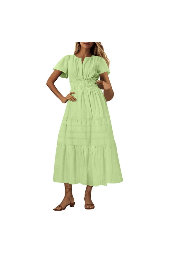 Womens Summer Long Maxi Dress V Neck Short Sleeve Elastic Waist Tiered Ruffle Sun Dress Casual Loose Beach Boho Dress with Pockets
