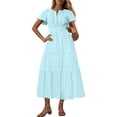 thumbnail image 1 of qucoqpe Womens Summer Long Maxi Dress V Neck Short Sleeve Elastic Waist Tiered Ruffle Sun Dress Casual Loose Beach Boho Dress with Pockets, 1 of 7