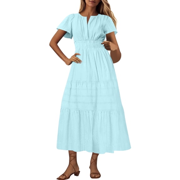 qucoqpe Womens Summer Long Maxi Dress V Neck Short Sleeve Elastic Waist Tiered Ruffle Sun Dress Casual Loose Beach Boho Dress with Pockets