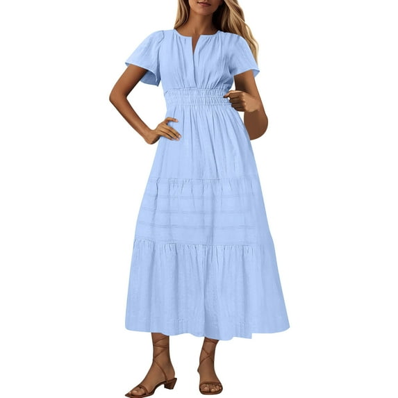 qucoqpe Womens Summer Long Maxi Dress V Neck Short Sleeve Elastic Waist Tiered Ruffle Sun Dress Casual Loose Beach Boho Dress with Pockets
