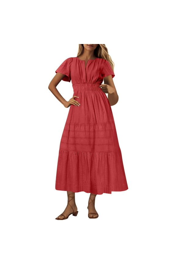 Womens Summer Long Maxi Dress V Neck Short Sleeve Elastic Waist Tiered Ruffle Sun Dress Casual Loose Beach Boho Dress with Pockets