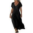 thumbnail image 1 of qucoqpe Womens Summer Long Maxi Dress V Neck Short Sleeve Sun Dress Casual Loose Holiday Beach Dress, 1 of 6