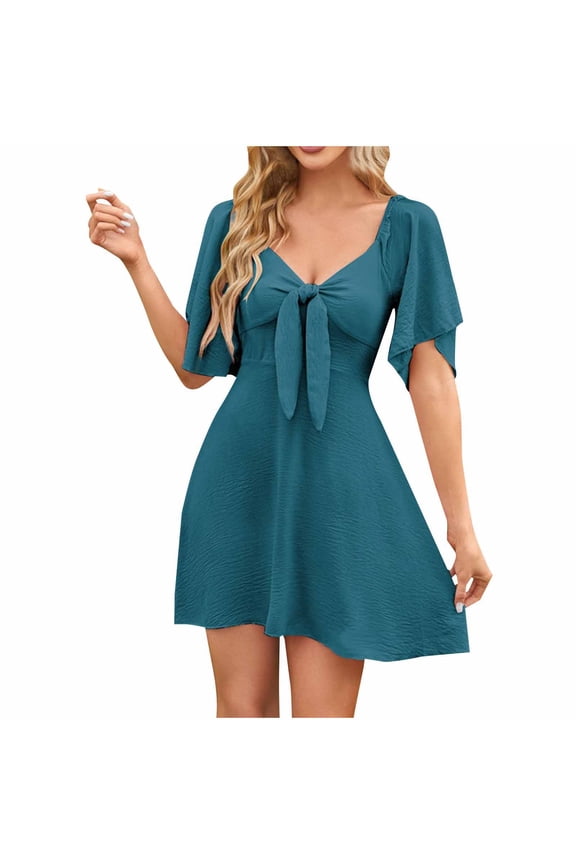 Womens Summer Mini Dress Sexy V Neck Short Sleeve Bow Fold Retract Waist Sun Dress Casual Pleated Ruffle Flowy Dress Beach Dress