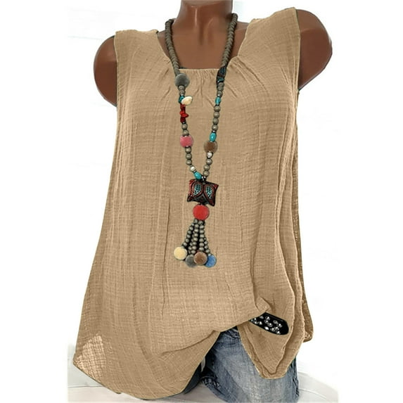 qucoqpe Womens Summer Plus Size Tank Tops Fashion Solid Printing Crew Neck Sleeveless Cotton Linen T-shirts Casual Loose Baggy Tunic Blouse