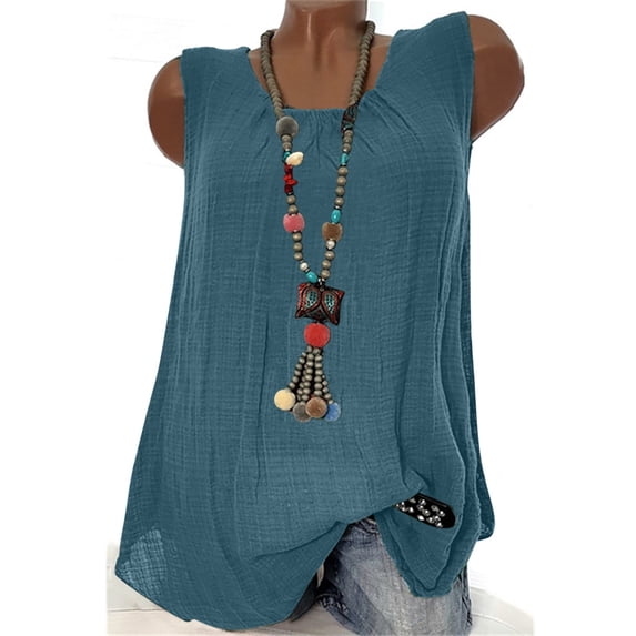 qucoqpe Womens Summer Plus Size Tank Tops Fashion Solid Printing Crew Neck Sleeveless Cotton Linen T-shirts Casual Loose Baggy Tunic Blouse