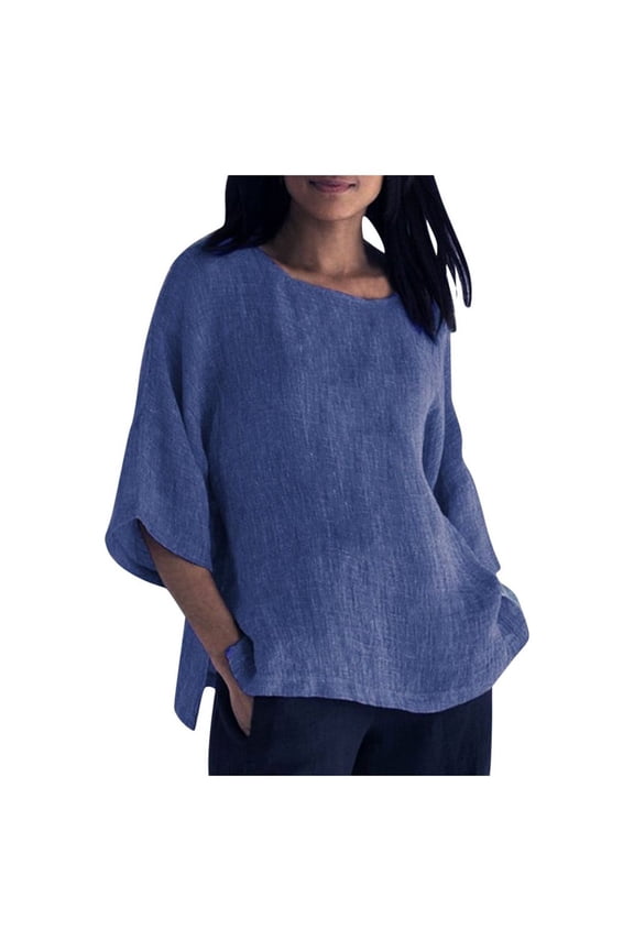 Womens Summer Plus Size Tops Fashion Causal Tees Cropped Sleeves Round Neck T-shirts Cotton Line Loose Fit Shirts Blouse