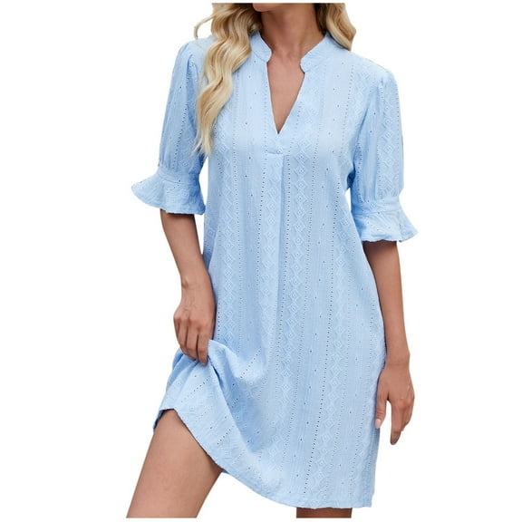 qucoqpe Womens Summer Ruffle Half Sleeve T-shirts Dress Fashion Casual V Neck Hollow Sun Dress Solid Color Loose Knee-Length Dress
