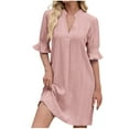 thumbnail image 1 of qucoqpe Womens Summer Ruffle Half Sleeve T-shirts Dress Fashion Casual V Neck Hollow Sun Dress Solid Color Loose Knee-Length Dress, 1 of 6