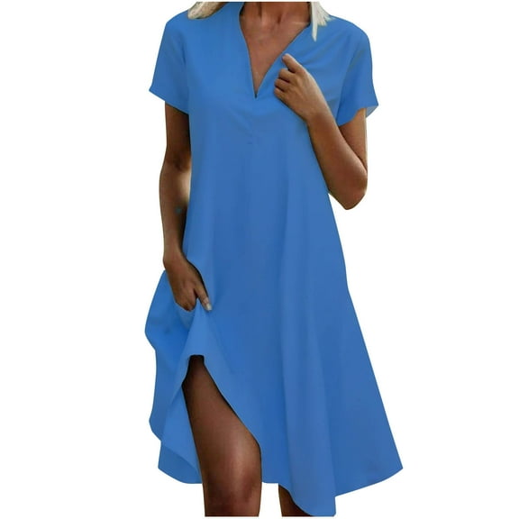 qucoqpe Womens Summer Shirts Dress V Neck Short Sleeve Ruffle Flowy Midi Dress Casual Loose Solid Color Sun Dress Lightweigh Beach Dress