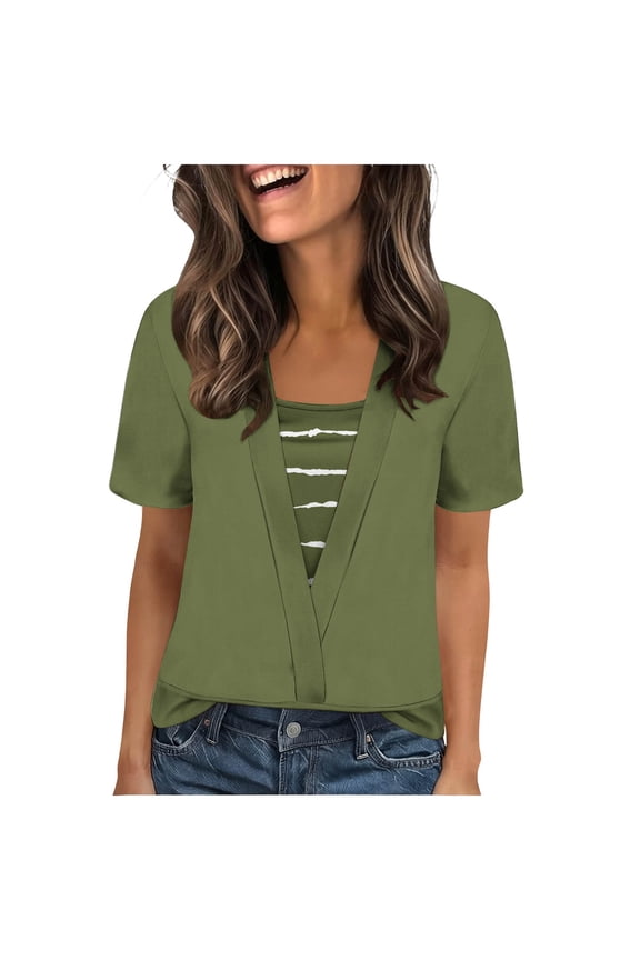Womens Summer Shirts Fashion Casual Loose Fitted Colorblock Square Neck Short Sleeve Fake Two-Piece Tops Trendy Business Blouses